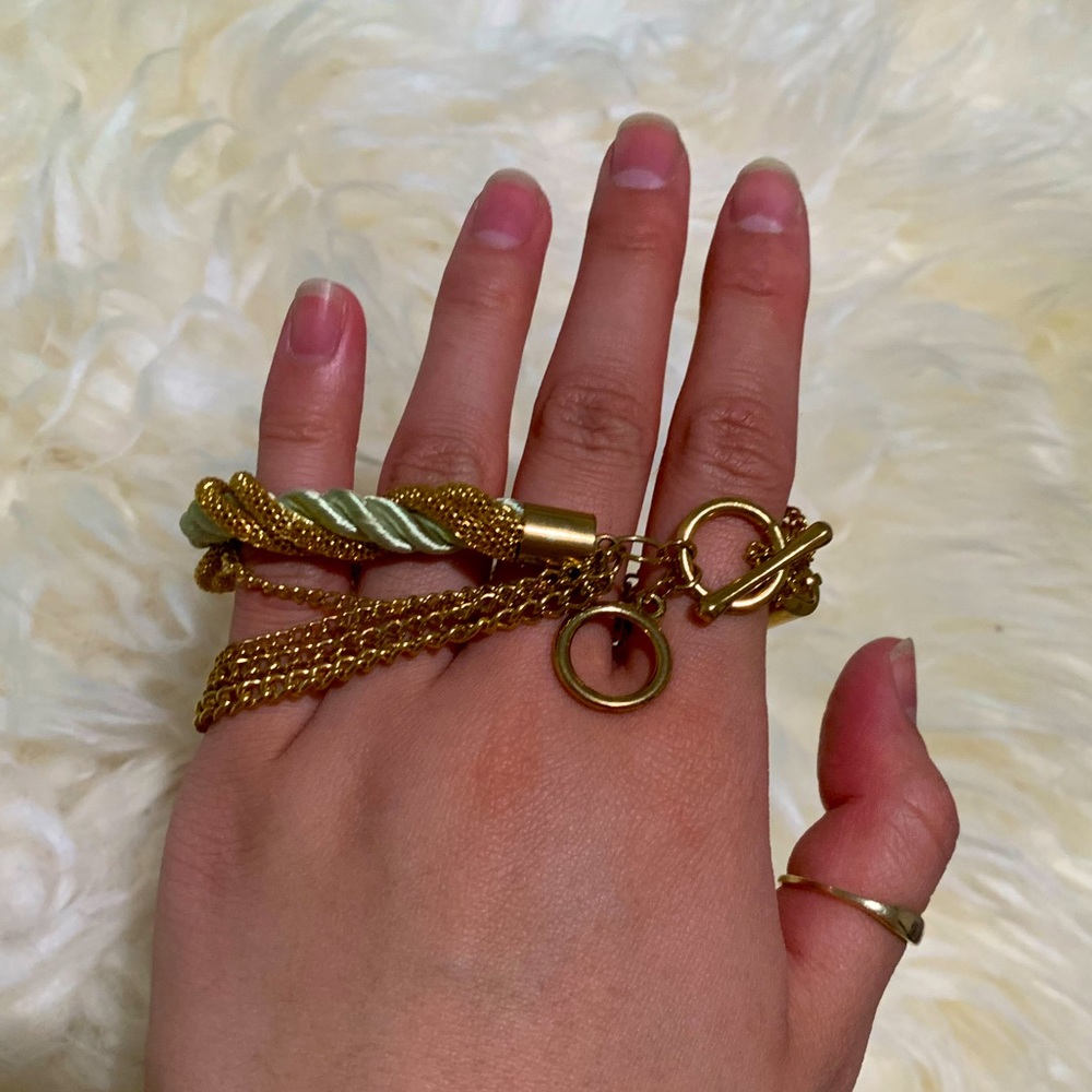 Green braided silk cord and gold chain bracelet